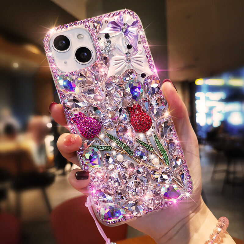 3D Bling Rhinestone Phone Case, Handmade Crystal Diamonds Floral Butterfly Decor Girly Soft Back Protective Cover for Women - Image 10