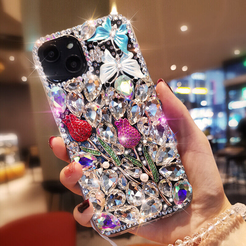 3D Bling Rhinestone Phone Case, Handmade Crystal Diamonds Floral Butterfly Decor Girly Soft Back Protective Cover for Women - Image 9