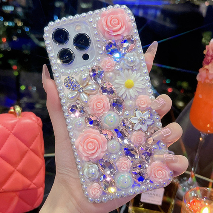 3D Bling Rhinestone Phone Case, Handmade Crystal Diamonds Floral Butterfly Decor Girly Soft Back Protective Cover for Women - Image 7