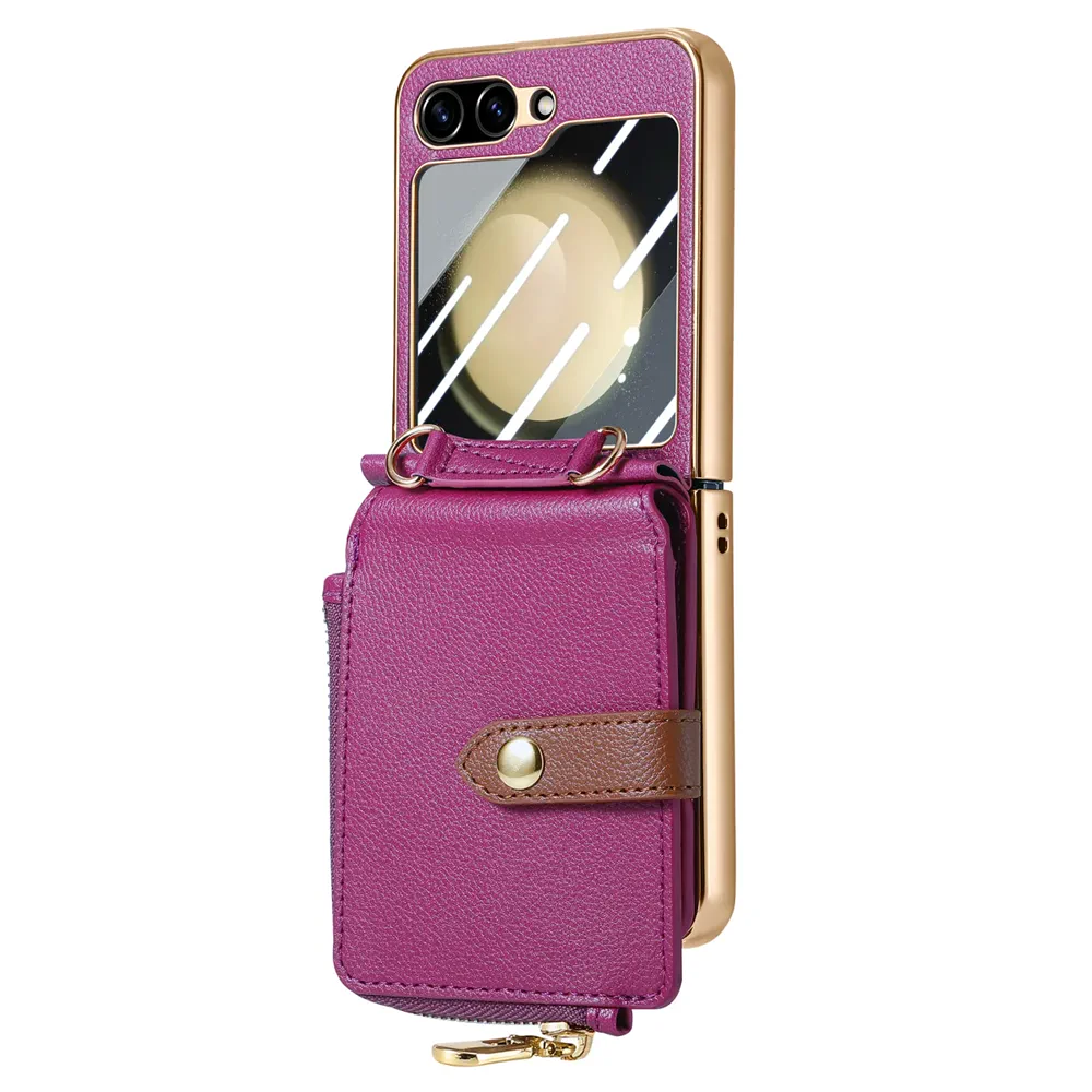 Galaxy Z Flip5 Litchi Texture Zip Wallet Card Wallet Screen Protector Wallet Case product image