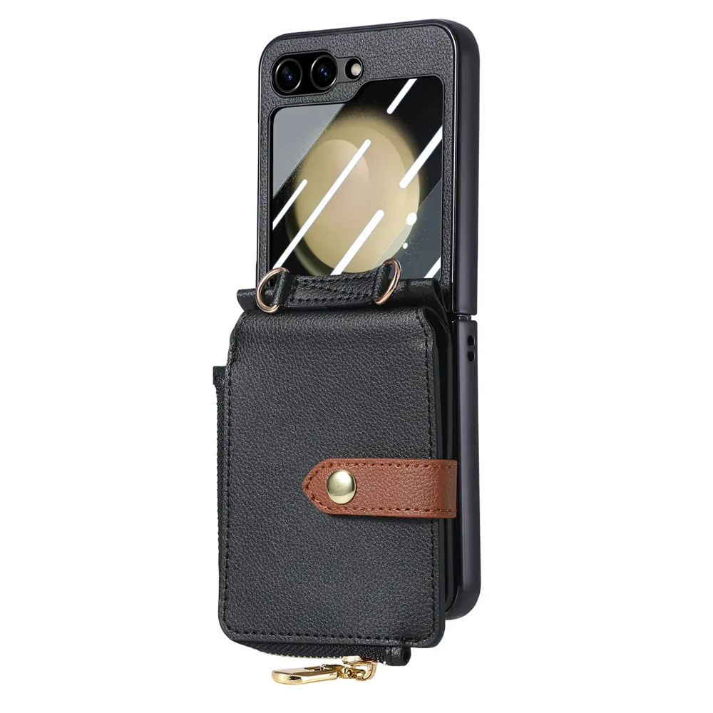 Galaxy Z Flip5 Litchi Texture Zip Wallet Card Wallet Screen Protector Wallet Case product image