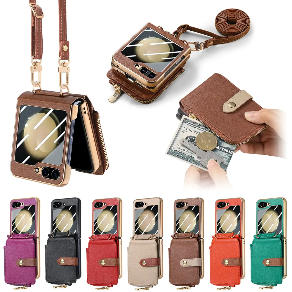 Galaxy Z Flip5 Litchi Texture Zip Wallet Card Wallet Screen Protector Wallet Case product image