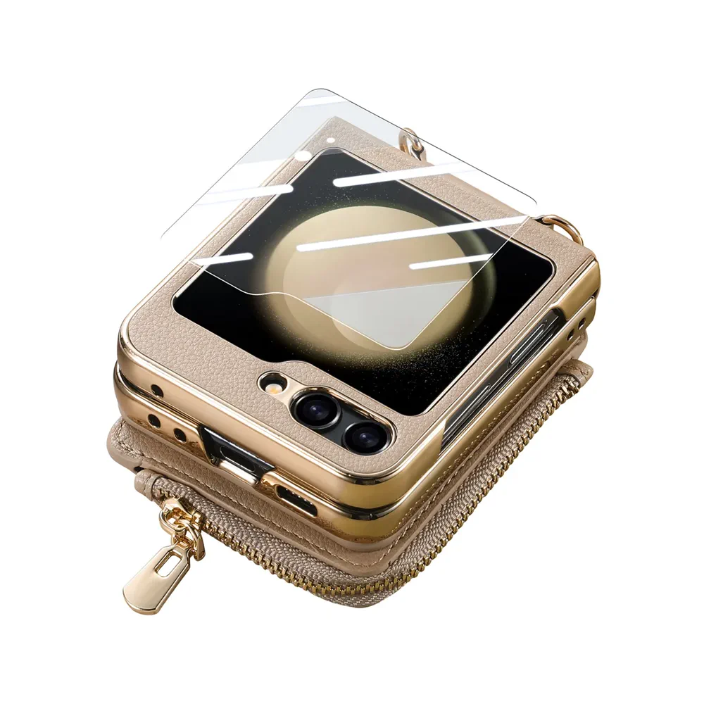 Galaxy Z Flip5 Litchi Texture Zip Wallet Card Wallet Screen Protector Wallet Case product image