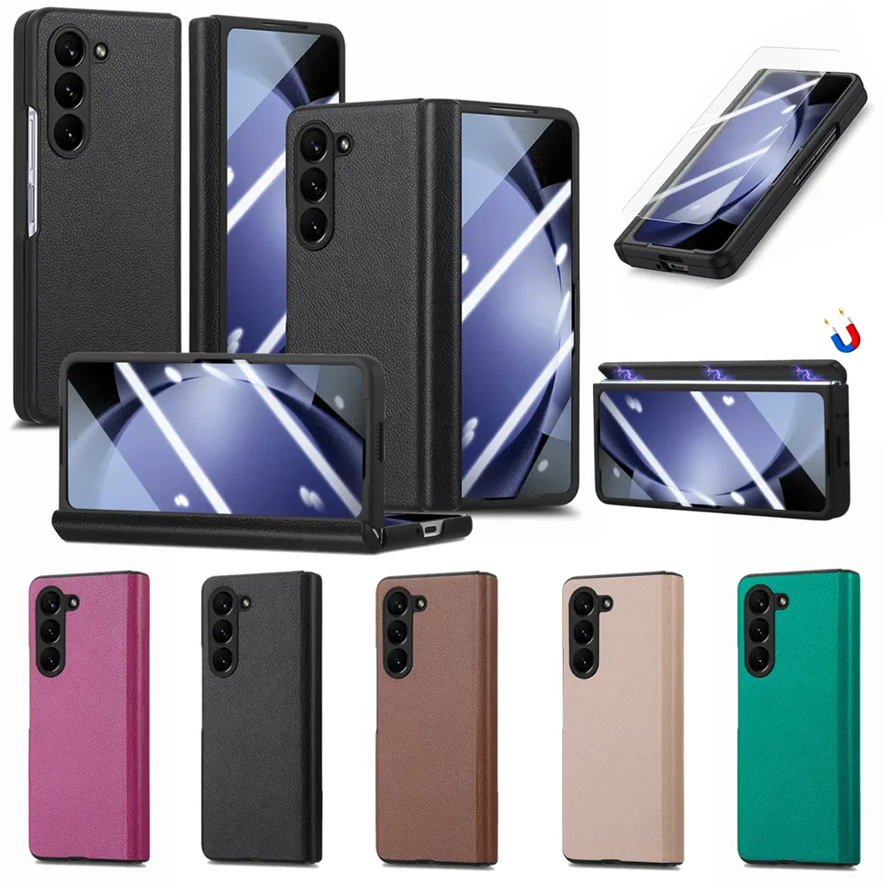 Galaxy Z Fold5 Litchi Texture Magnetic Screen Protector Hinge Protection Wallet Case product image