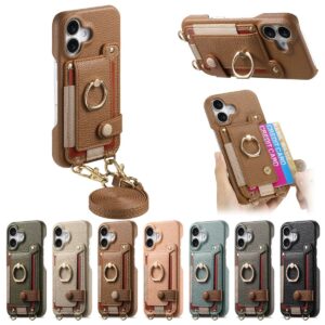 iPhone 17 Litchi Texture Lanyard Card Slot Ring Wallet Case product image