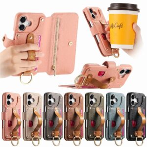 iPhone 17 Litchi Texture Wrist Strap Card Slot Wallet Case product image