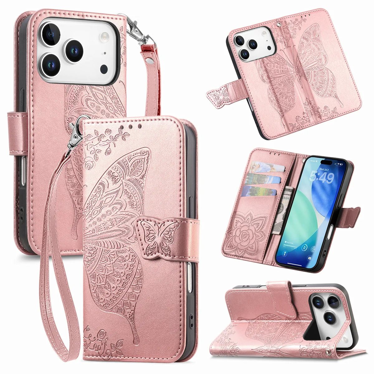 Color A + Hand Strap iPhone 17 Pro Clasp Floral Butterfly Case product image